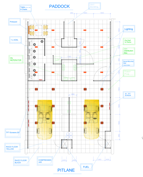 Technischer Grundriss einer Pit (Box) auf der Rennstrecke in Le Mans