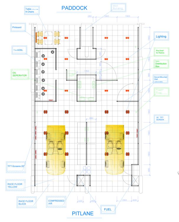 Technischer Grundriss einer Pit (Box) auf der Rennstrecke in Le Mans